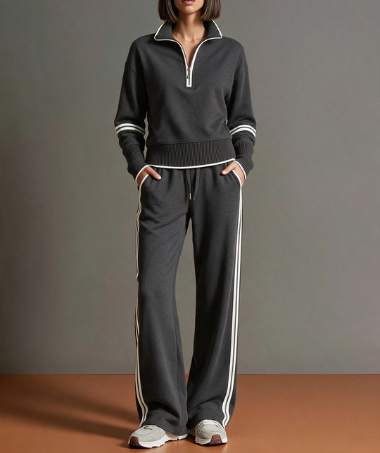 Damen Komfortables Strick-Jogging-Set mit Stehkragen, halbem Reißverschluss und Kontraststreifen Nord Taschen
