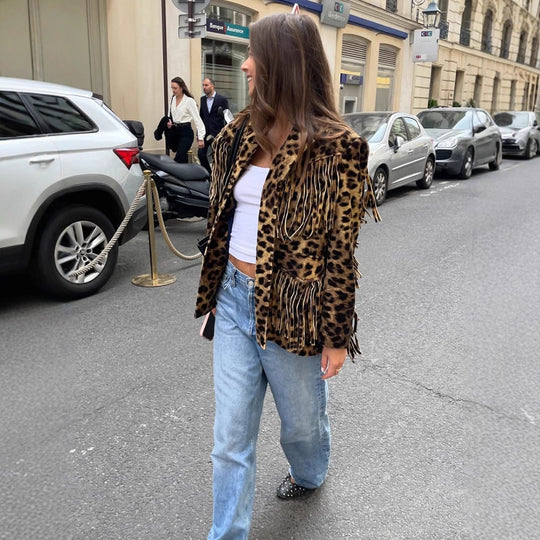 Damen Kurzer Kunstfell-Blouson mit Leopardenprint und Fransen Nord Taschen