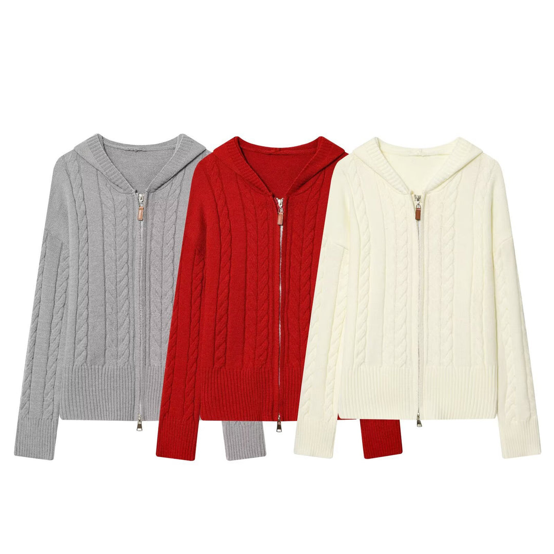 Damen Kapuzenstrickjacke mit Zopfstrickmuster und Metallreißverschluss Nord Taschen