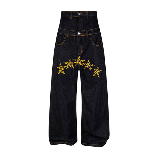 Damen Hochtaillierte weite Jeanshose mit dekorativer Sternstickerei Nord Taschen