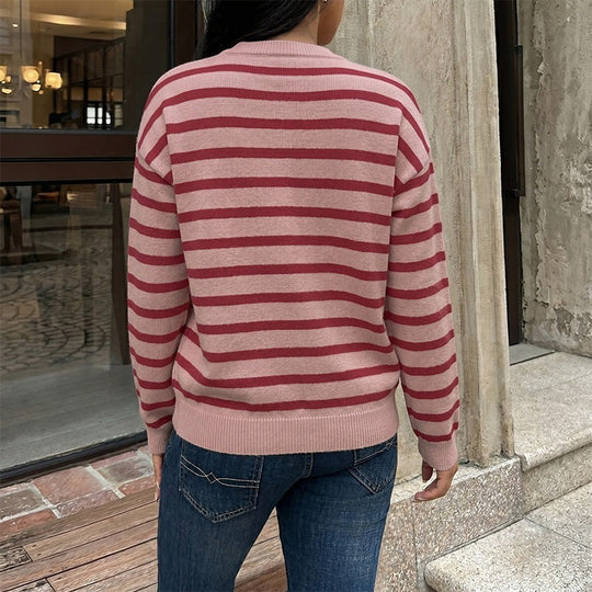 Damen Gestreifte Feinstrick-Button-Cardigan mit Rundhalsausschnitt und tailliertem Bund Nord Taschen