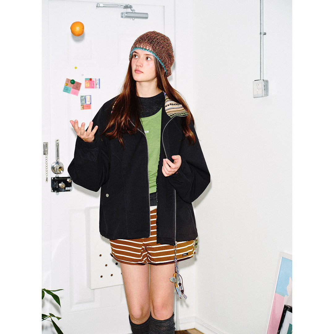Damen Kurzjacke im Boxy‑Cut mit gemustertem Stehkragen und Kordelzug Nord Taschen