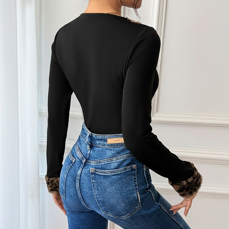 Damen Elegantes Bodys mit Tierfellkragen Nord Taschen