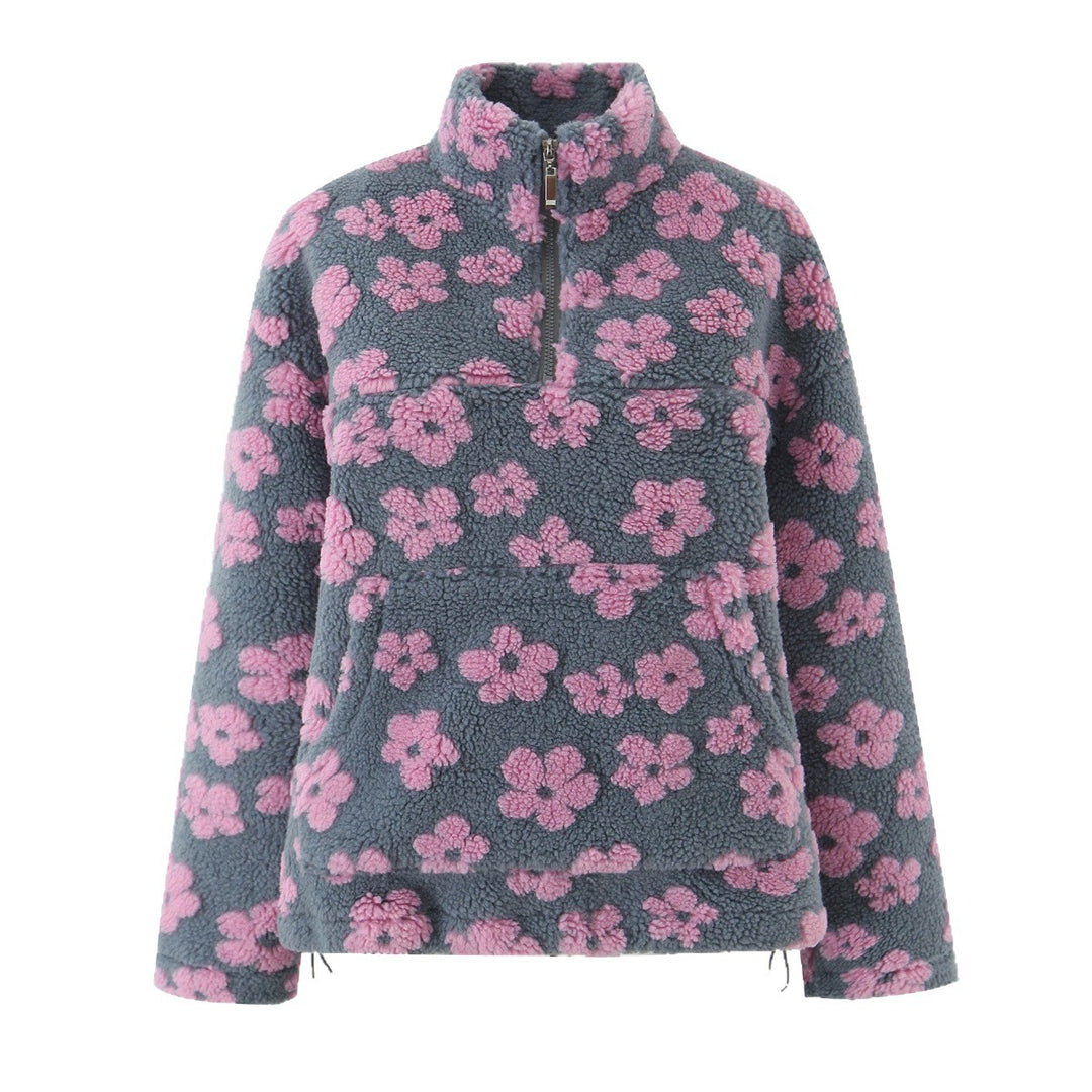 Damen Teddy-Fleece-Overheadjacke mit Stehkragen, Blumenrelief und Halbreißverschluss Nord Taschen