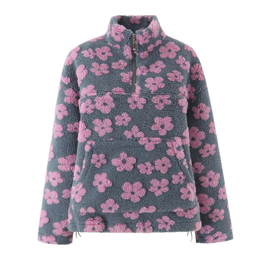 Damen Teddy-Fleece-Overheadjacke mit Stehkragen, Blumenrelief und Halbreißverschluss Nord Taschen