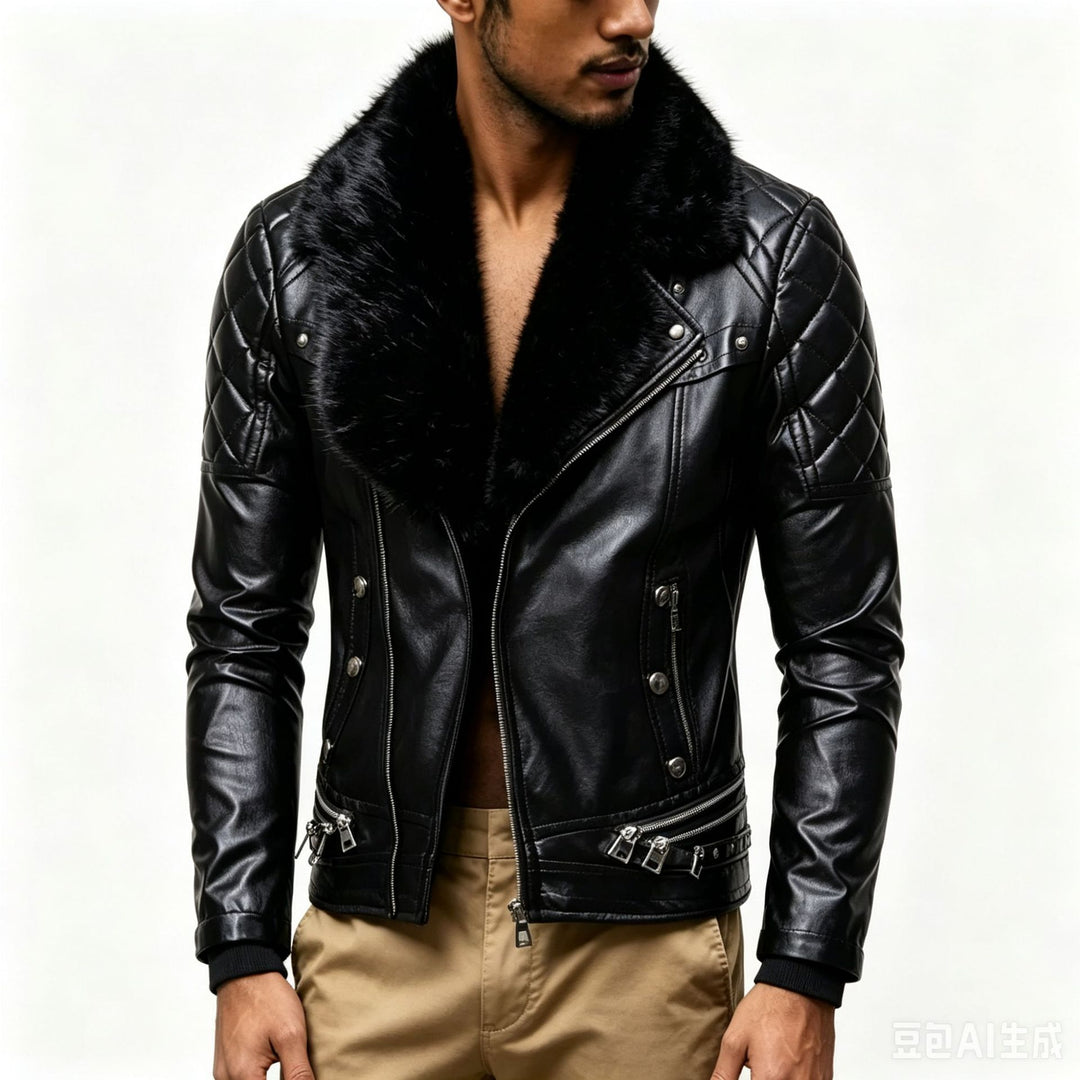 Herren Biker-Lederjacke mit gesteppter Schulter, voluminösem Fellkragen und Zierreißverschlüssen Nord Taschen