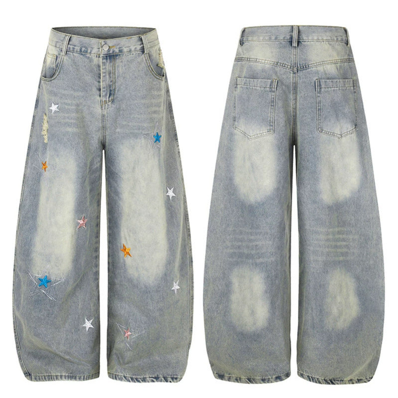 Damen Weite High-Waist Palazzo-Jeans mit Stern-Stickereien und Used-Effekt Nord Taschen