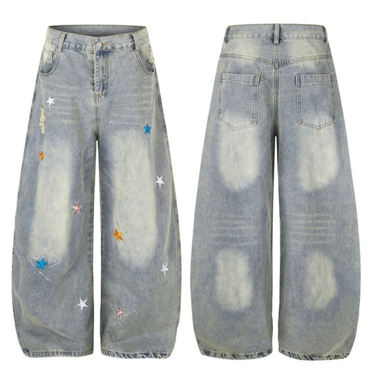 Damen Weite High-Waist Palazzo-Jeans mit Stern-Stickereien und Used-Effekt Nord Taschen