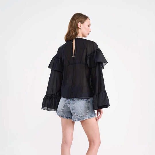 Damen Transparente Volantbluse mit doppelter Rüsche und Glockenärmeln Nord Taschen