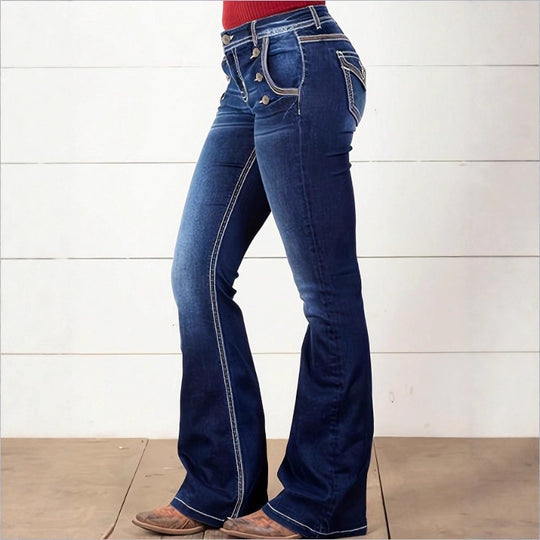Damen Hochtaillierte Flared-Jeans mit dekorativen Metallknöpfen und Kontraststeppung Nord Taschen