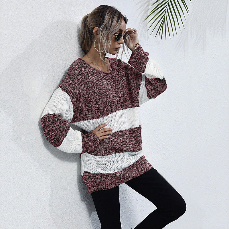 Damen Oversize Longpullover mit Blockstreifen und Rundhalsausschnitt Nord Taschen