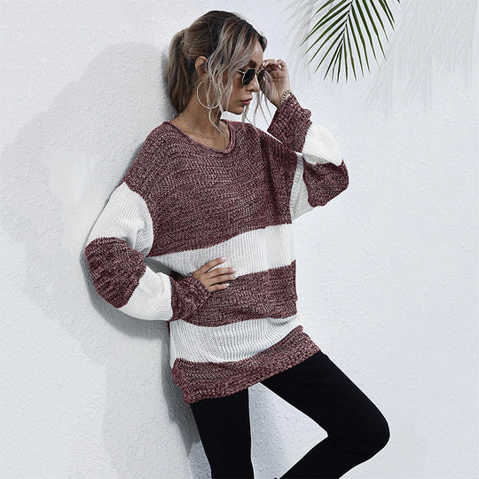 Damen Oversize Longpullover mit Blockstreifen und Rundhalsausschnitt Nord Taschen