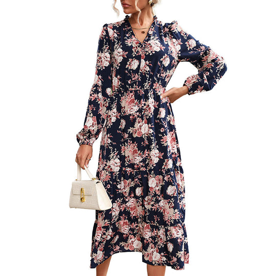 Damen Florales Maxikleid mit Taillengürtel Nord Taschen