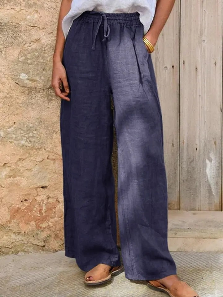Damen Hochgeschnittene Leinenpalazzo-Hose mit Kordelzug und weitem Bein Nord Taschen