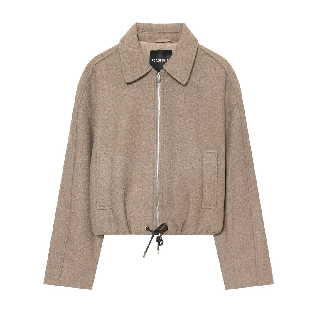 Damen Kurze Wollmix-Jacke mit Frontreißverschluss und Kordelzugsaum Nord Taschen