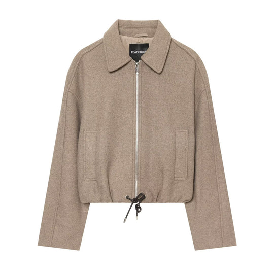 Damen Kurze Wollmix-Jacke mit Frontreißverschluss und Kordelzugsaum Nord Taschen