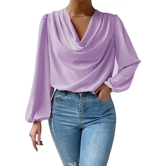 Damen elegante Bluse mit asymmetrischem Halsansatz und langen Ärmeln