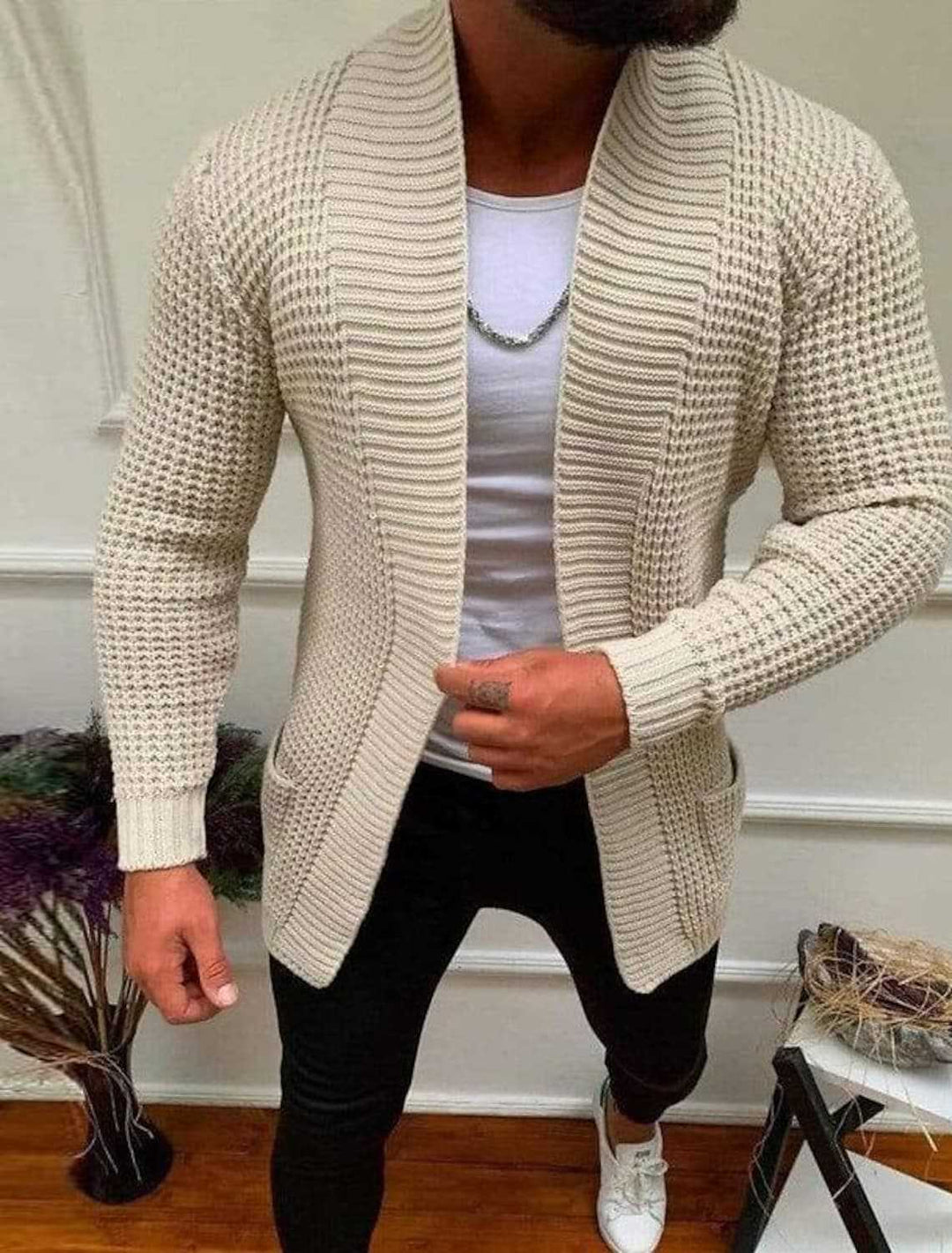Herren Strickcardigan mit Schalkragen und strukturiertem Waffelmuster Nord Taschen