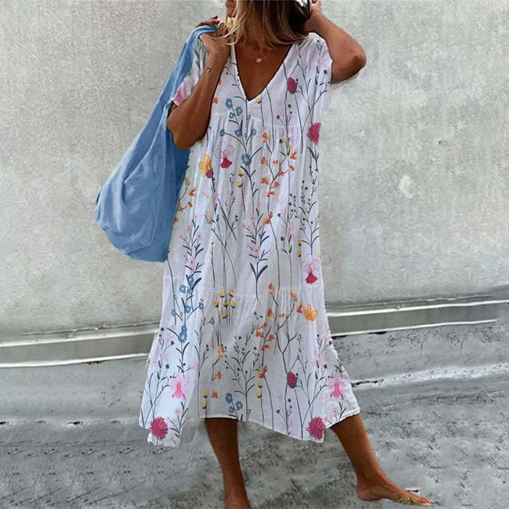 Damen luftiges Maxikleid mit floralem Muster und V-Ausschnitt