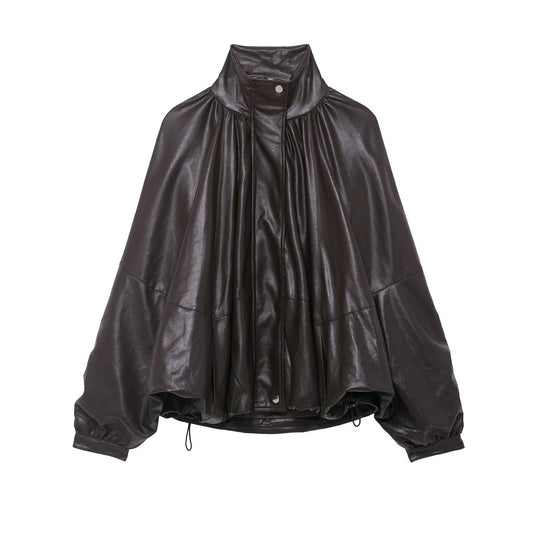 Damen Voluminöse Kunstleder-Capejacke mit hohem Stehkragen und Kordelzug Nord Taschen