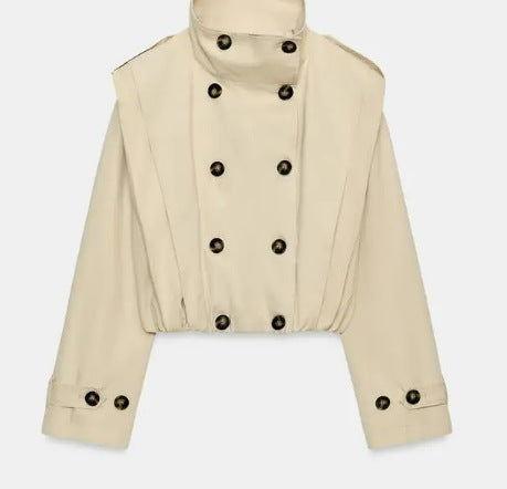 Damen Cropped Trenchjacke mit doppelreihiger Knopfleiste, hohem Stehkragen und taillierendem Elastbund Nord Taschen