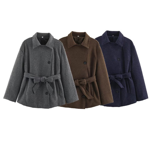 Damen Kurzmantel im Wickelstil mit Taillengürtel und kastiger Silhouette Nord Taschen
