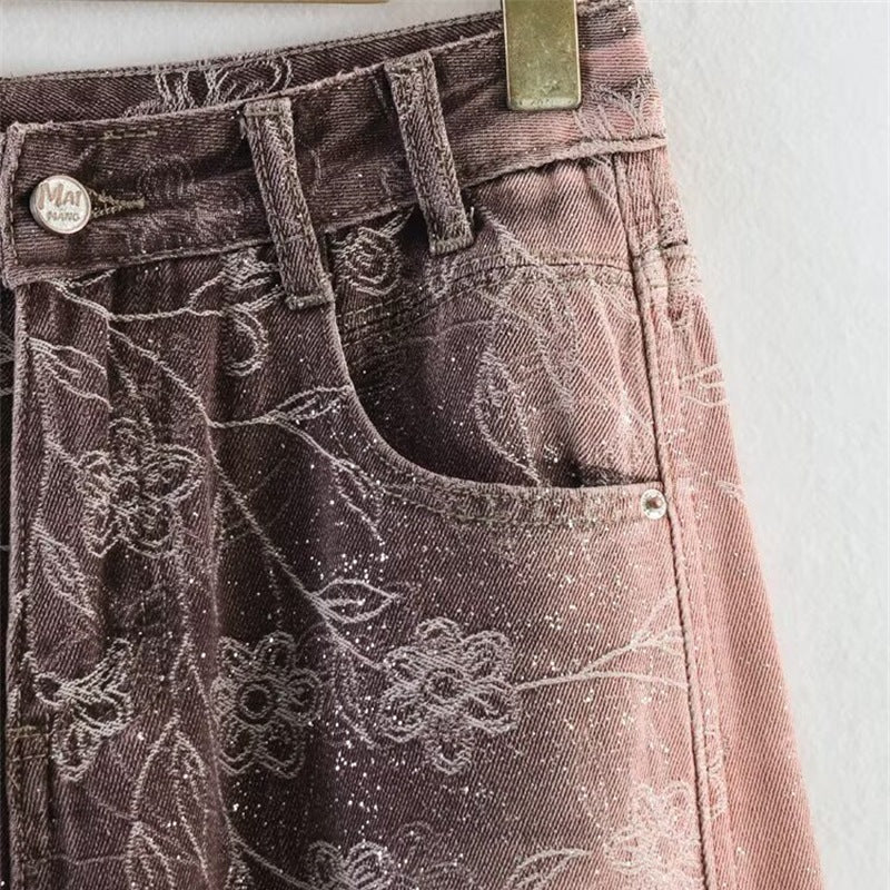 Damen High‑Waist-Jeanshose mit weitem Bein, floraler Vintage‑Print und Five‑Pocket-Schnitt Nord Taschen