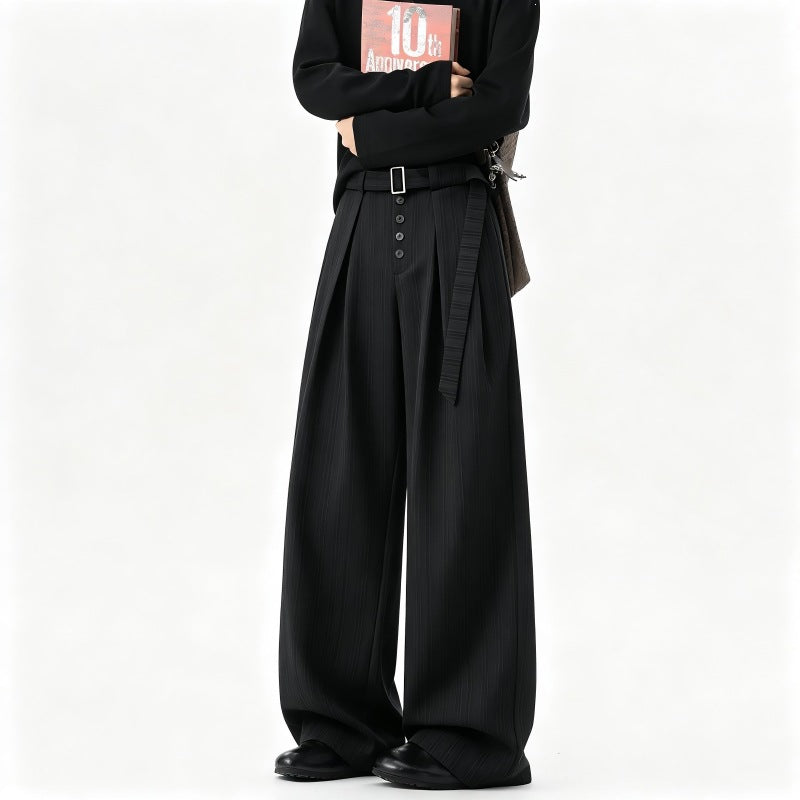 Herren Weite Nadelstreifen-Hose im Baggy‑Cut mit hoher Taille, Falten und Zierknopfleiste Nord Taschen