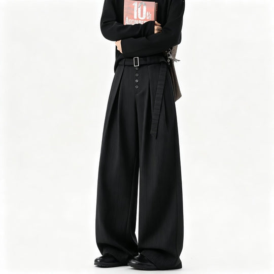 Herren Weite Nadelstreifen-Hose im Baggy‑Cut mit hoher Taille, Falten und Zierknopfleiste Nord Taschen