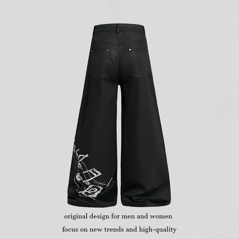 Damen Weite hochgeschnittene Palazzo-Hose mit beschichteter Lederoptik, extra weitem Bein und Statement-Print Nord Taschen
