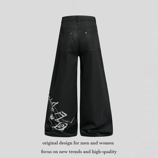 Damen Weite hochgeschnittene Palazzo-Hose mit beschichteter Lederoptik, extra weitem Bein und Statement-Print Nord Taschen