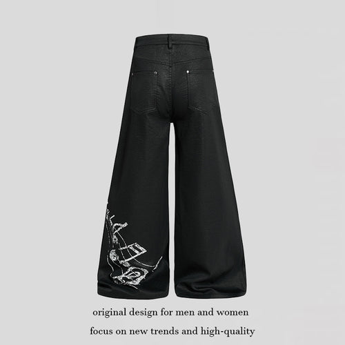 Damen Weite hochgeschnittene Palazzo-Hose mit beschichteter Lederoptik, extra weitem Bein und Statement-Print Nord Taschen