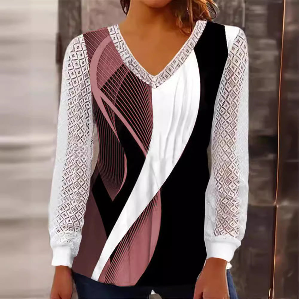 Damen V-Ausschnitt Bluse mit abstraktem Grafikprint und Spitzenärmeln Nord Taschen