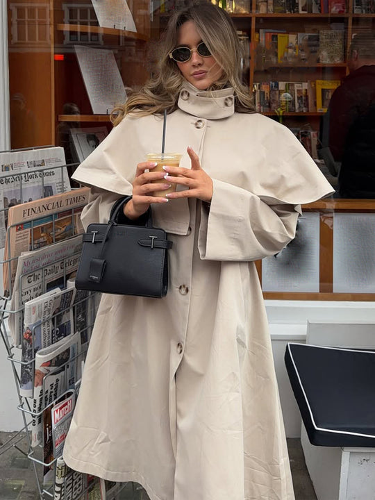 Damen Oversize-Trenchcoat mit Cape-Detail und hohem Stehkragen Nord Taschen
