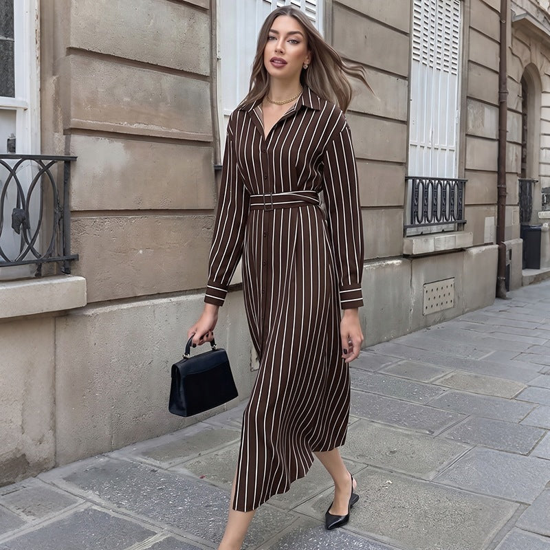 Damen Hemdblusenkleid mit Taillengürtel und vertikalem Nadelstreifen Nord Taschen