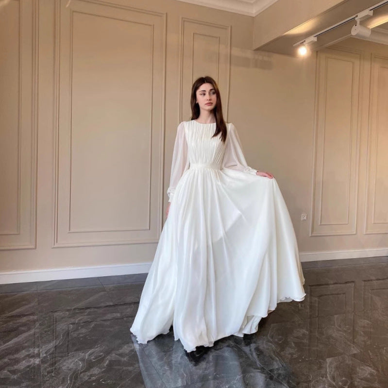 Durchsichtiges Weißes Hochzeitskleid Rundhalsausschnitt Lange Ärmel Kleid