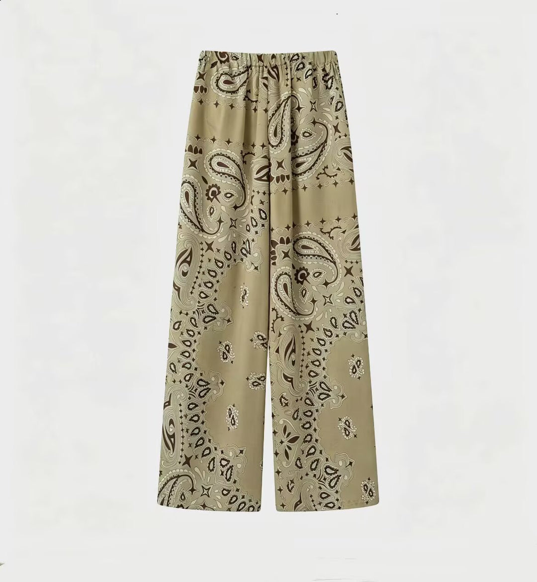 Damen Zweiteiliges Satinoptik-Lounge-Set mit Paisley-Print, Kimonokragen-Bluse und weiter Culotte-Hose Nord Taschen