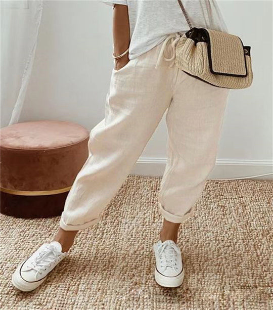 Damen Leinen-Joggerhose mit Kordelzug, lockerer Tapered-Schnitt und gekrempelten Säumen Nord Taschen
