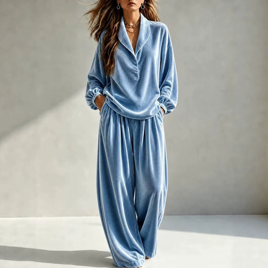 Damen Luxuriöses Velours-Loungewear-Set mit Schalkragen und weiter Palazzo-Hose Nord Taschen