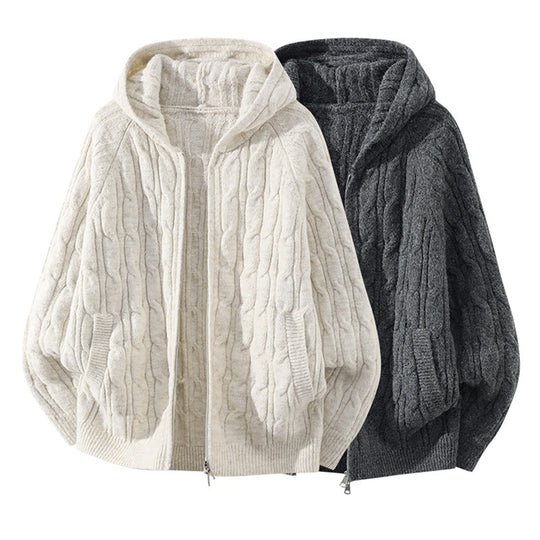 Damen Oversize Zopfstrick-Kapuzencardigan mit durchgehendem Reißverschluss und Ballonärmeln Nord Taschen