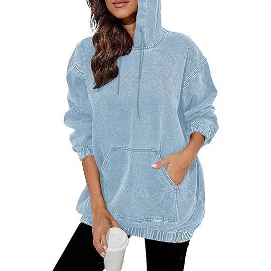Damen Oversize Kapuzenpullover aus verwaschenem Jeansstoff mit Kängurutasche Nord Taschen