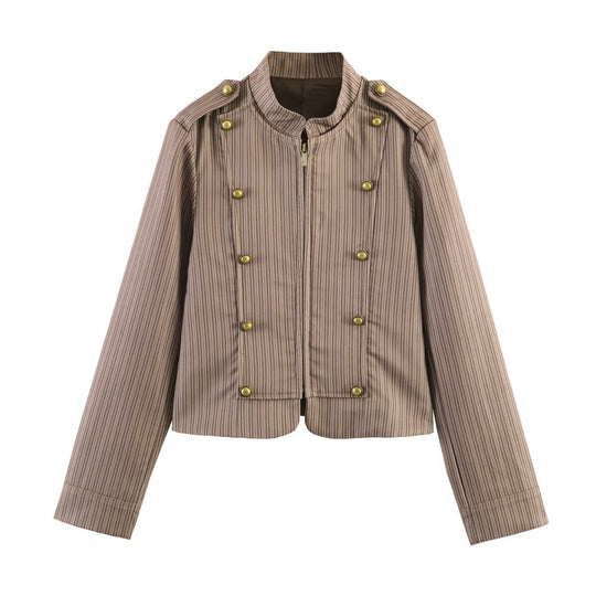 Damen Cropped-Militärjacke im Nadelstreifen mit Stehkragen, Epauletten und dekorativen Messingknöpfen Nord Taschen