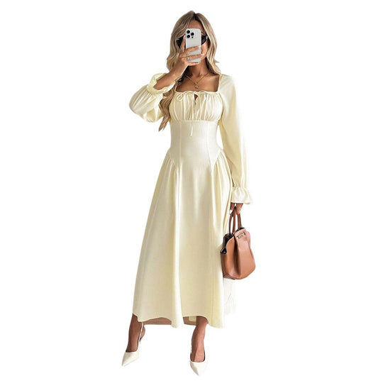 Damen romantisches Midikleid mit Korsagen-Taille, Quadratausschnitt und voluminösen Ärmeln Nord Taschen