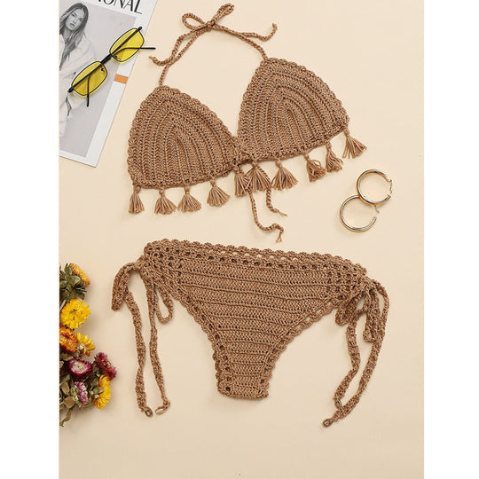 Damen Häkel-Bikini-Set mit fransigen Akzenten und verstellbaren Trägern