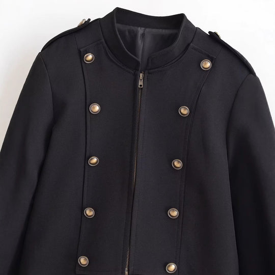 Damen taillierte Kurzjacke im Militärstil mit dekorativer Doppelknopfleiste, Reißverschluss und Schulterpatten Nord Taschen