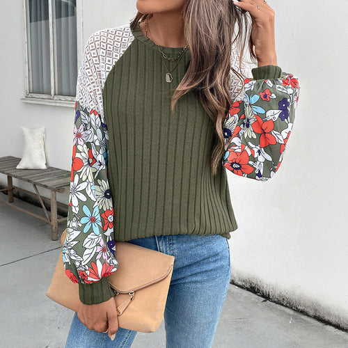 Damen Gerippter Pullover mit Häkel‑Schultereinsatz und floralen Ballonärmeln Nord Taschen