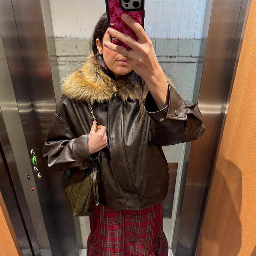 Damen Boxy Lederimitat-Blouson mit abnehmbarem Webpelzkragen und verdeckter Knopfleiste Nord Taschen