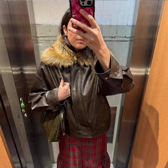 Damen Boxy Lederimitat-Blouson mit abnehmbarem Webpelzkragen und verdeckter Knopfleiste Nord Taschen