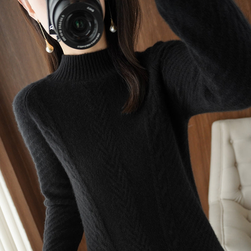 Damen Leichter Mohair‑Look Stehkragenpullover mit Zopf‑Ajour und taillierter Silhouette Nord Taschen
