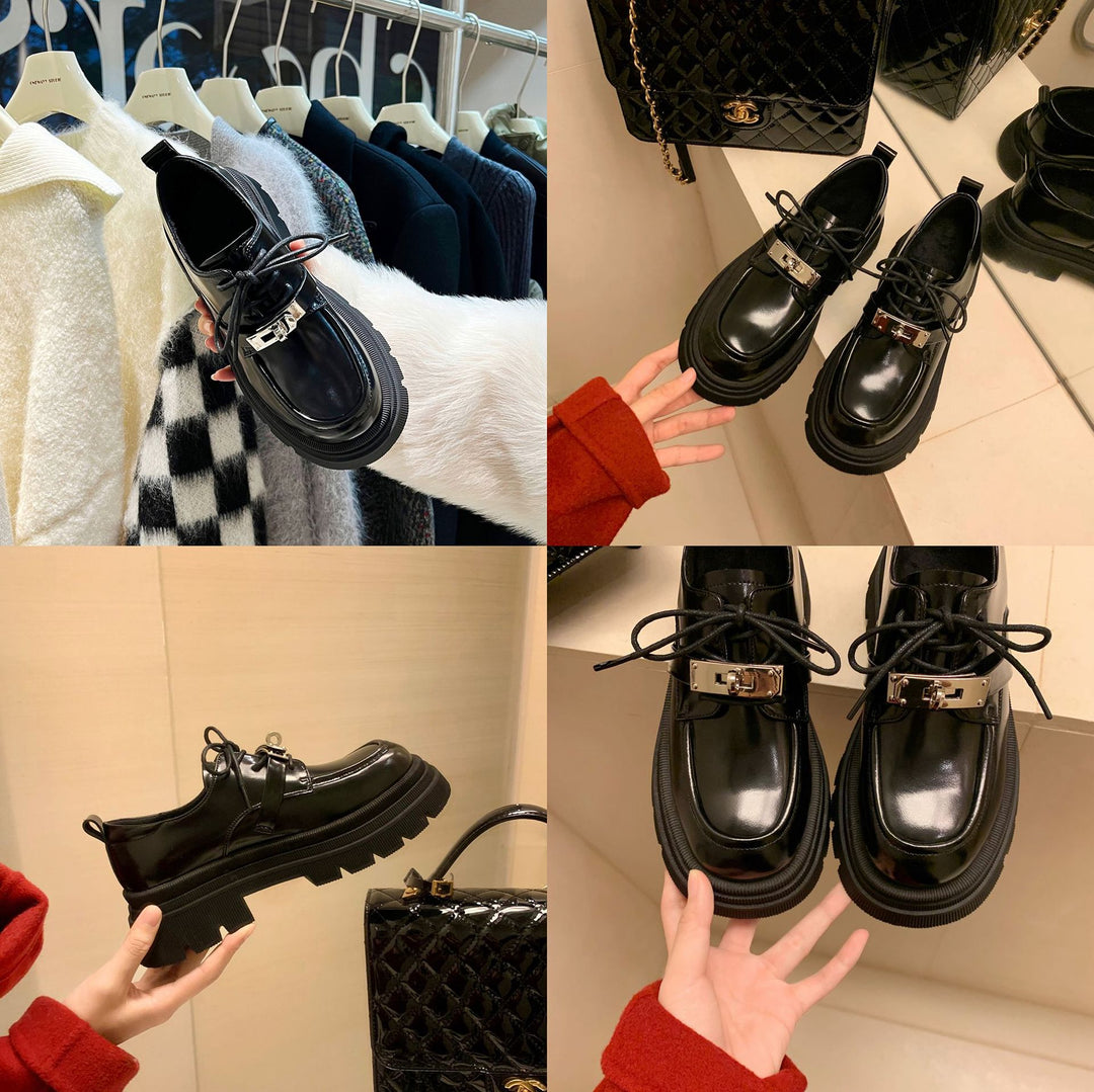 Damen Chunky Lackleder‑Schnürloafer mit markanter Lug‑Sohle und dekorativer Metallschnalle Nord Taschen